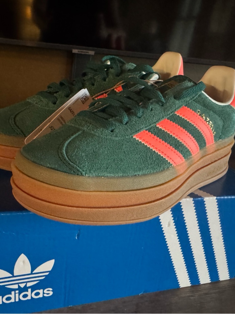 adidas Green Suede Kids Sneakers with Coral Stripes